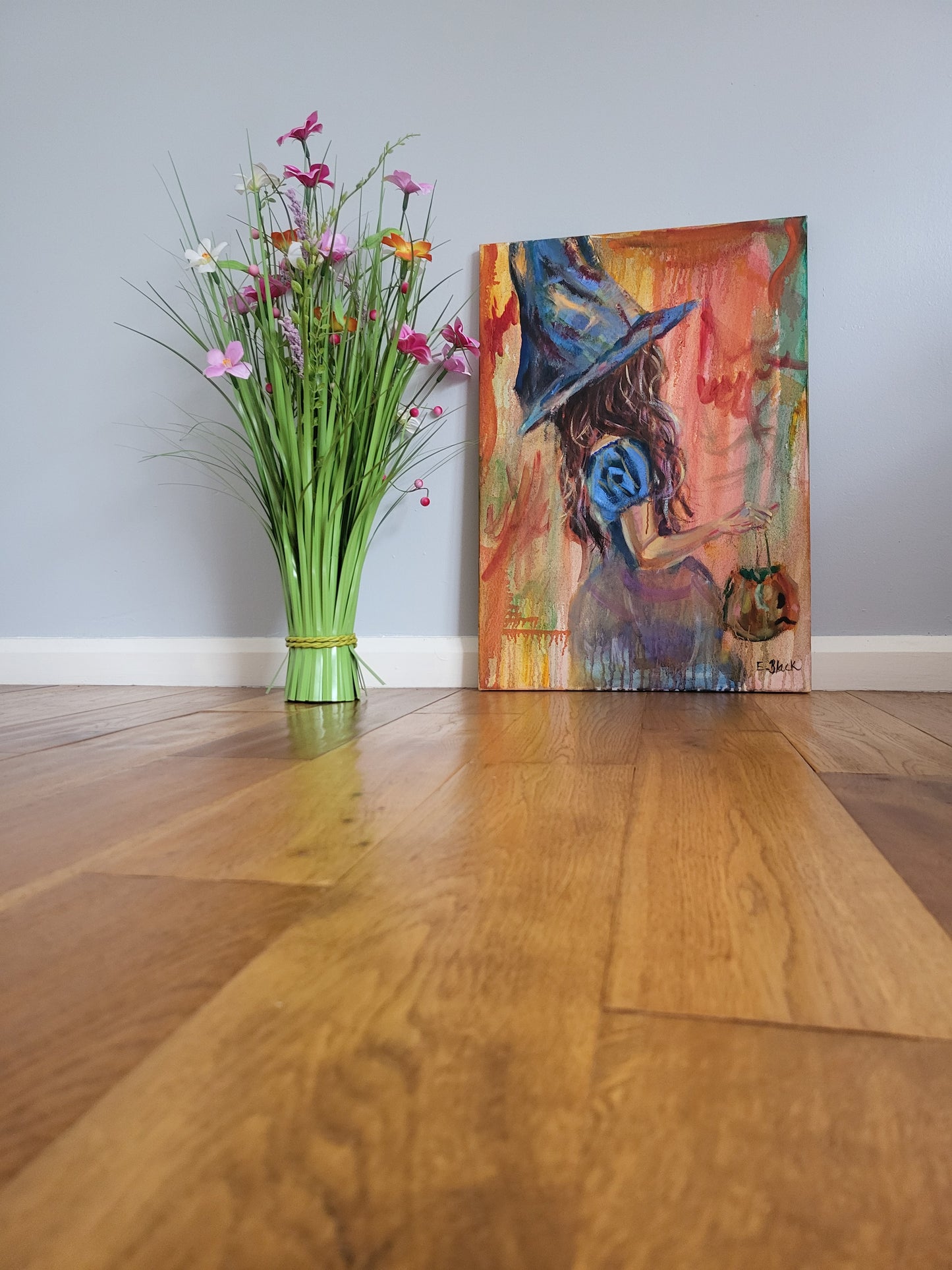 Little Witch – Original Autumn Witch Oil Painting on a 59.4cm x 42cm Canvas - Magical Fall Artwork