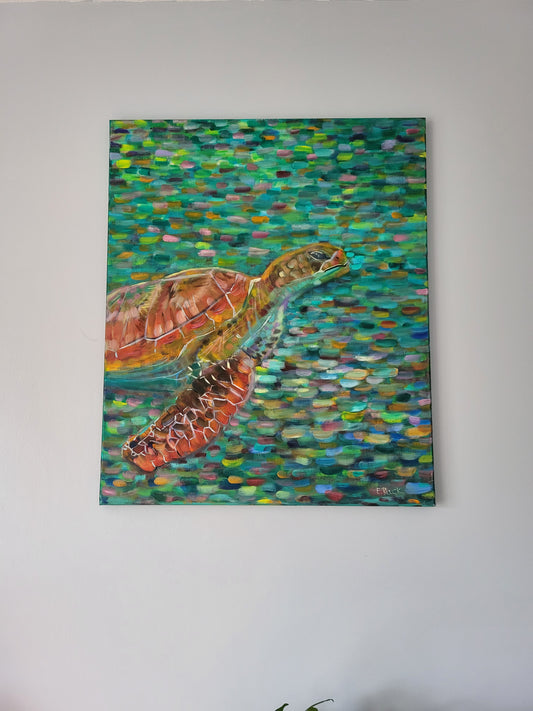 Green Ocean Swimming Turtle -  Original Oil Painting on a 50cm x 60cm Canvas