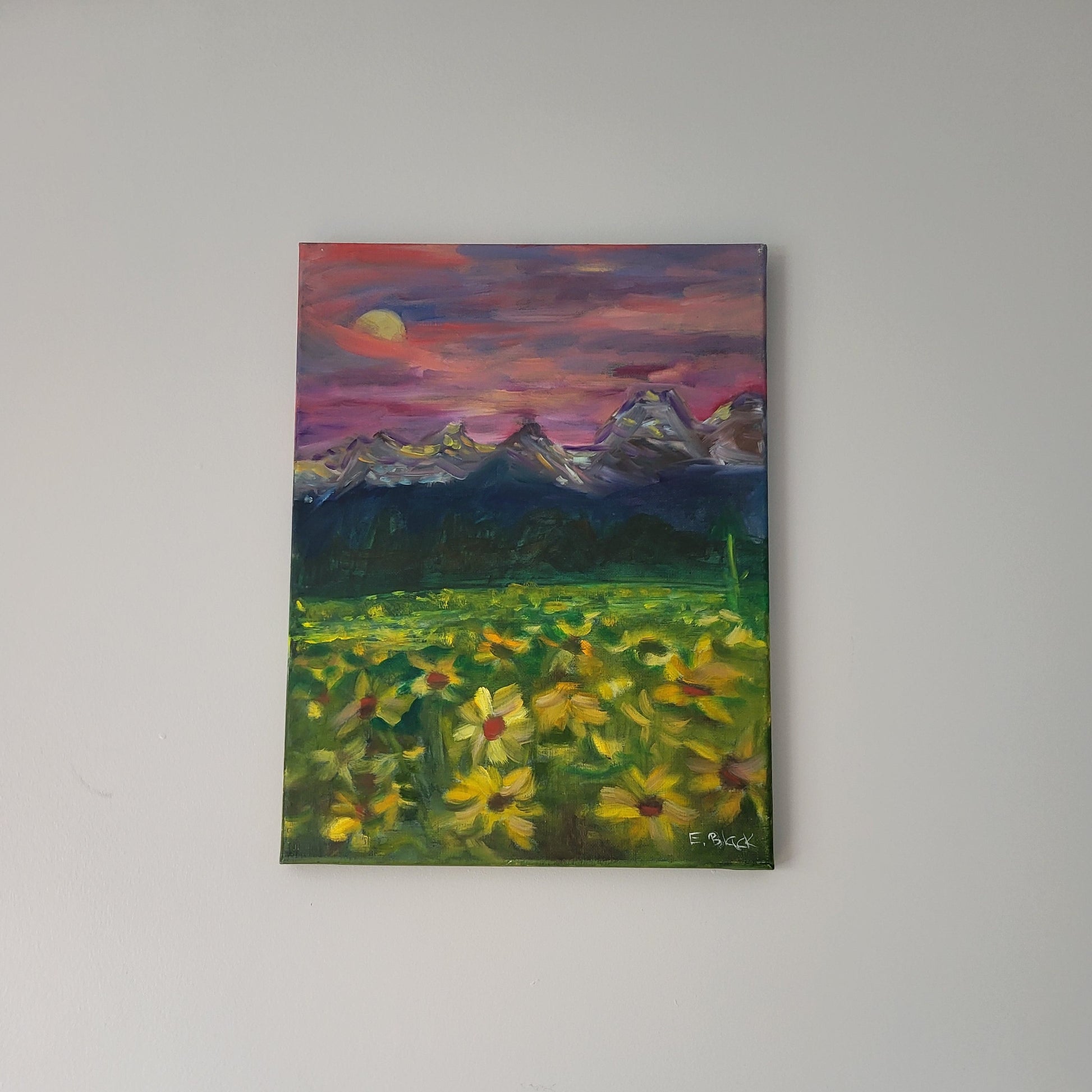 Original oil painting on canvas depicting a landscape with mountains in the background and a field of yellow flowers in the foreground, titled 'Twilight Mountains'.