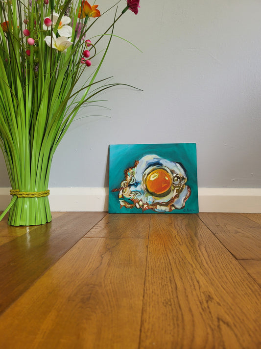 Original Oil Painting - Fried Egg on a 20.3cm x 25.4cm Canvas Board