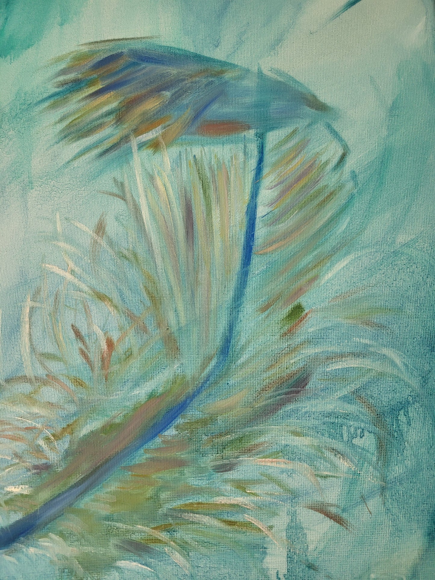 An original alla prima oil painting titled 'Blue Feather', represented on a 30cm x 40cm canvas, with visible brush strokes and texture.