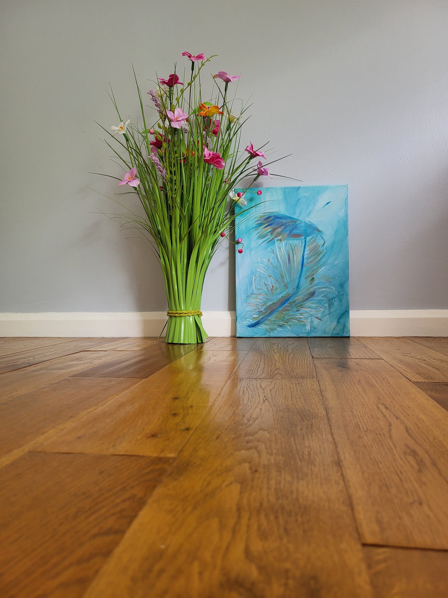 An original alla prima oil painting titled 'Blue Feather', represented on a 30cm x 40cm canvas, with visible brush strokes and texture.