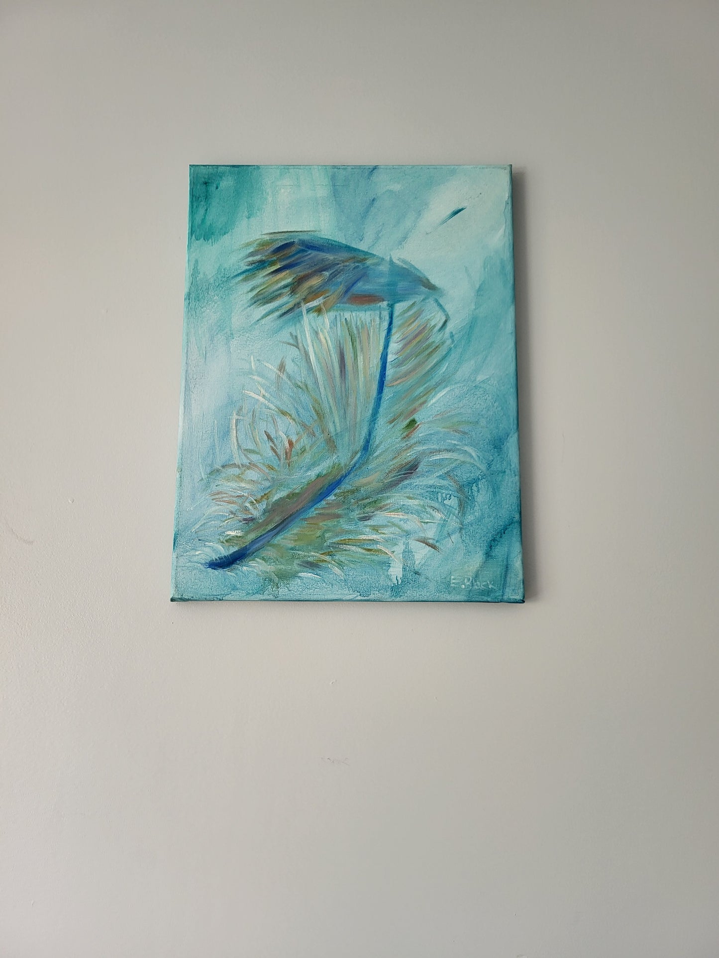 An original alla prima oil painting titled 'Blue Feather', represented on a 30cm x 40cm canvas, with visible brush strokes and texture.