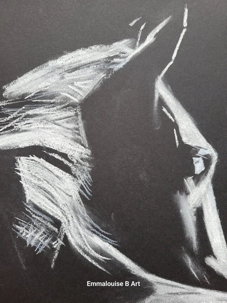 A black and white horse chalk monochrome drawing.