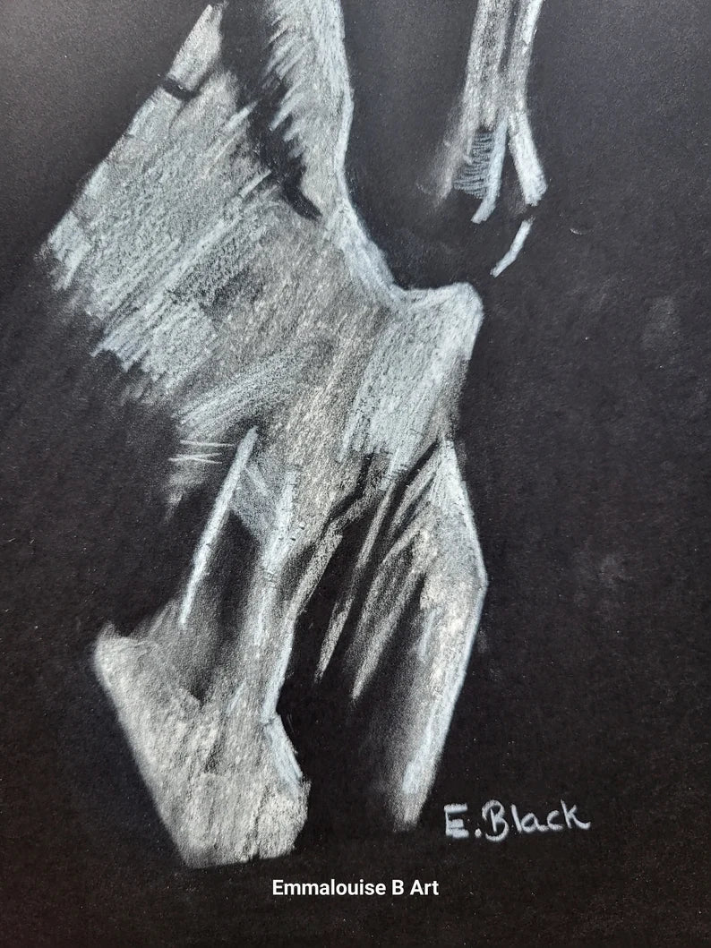 Chalk drawing of a horse on black paper signed by Emmalouise B Art.