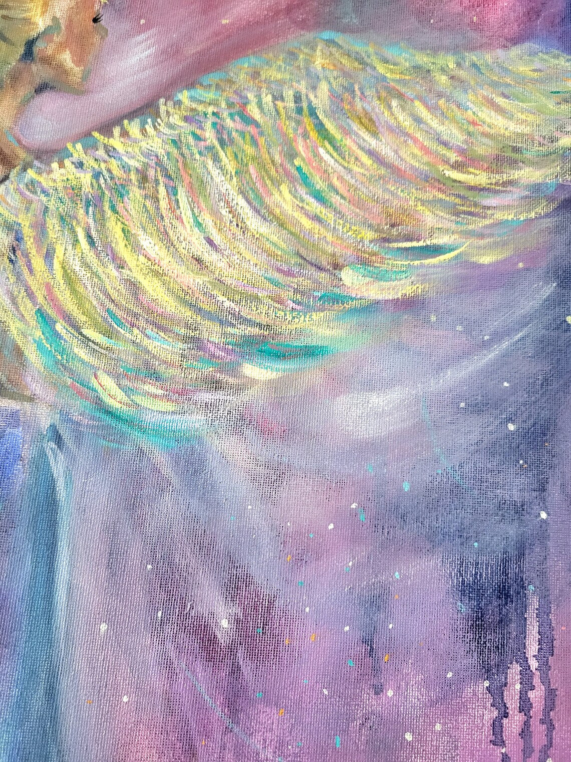 Whimsical angel wings on a purple and pink background.