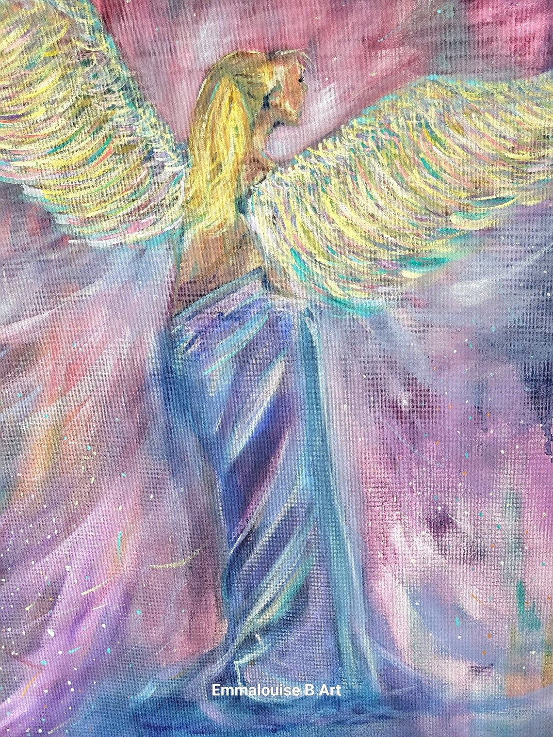 Mystical angel wearing purple robes and colourful wings on an abstract pink and purple background.