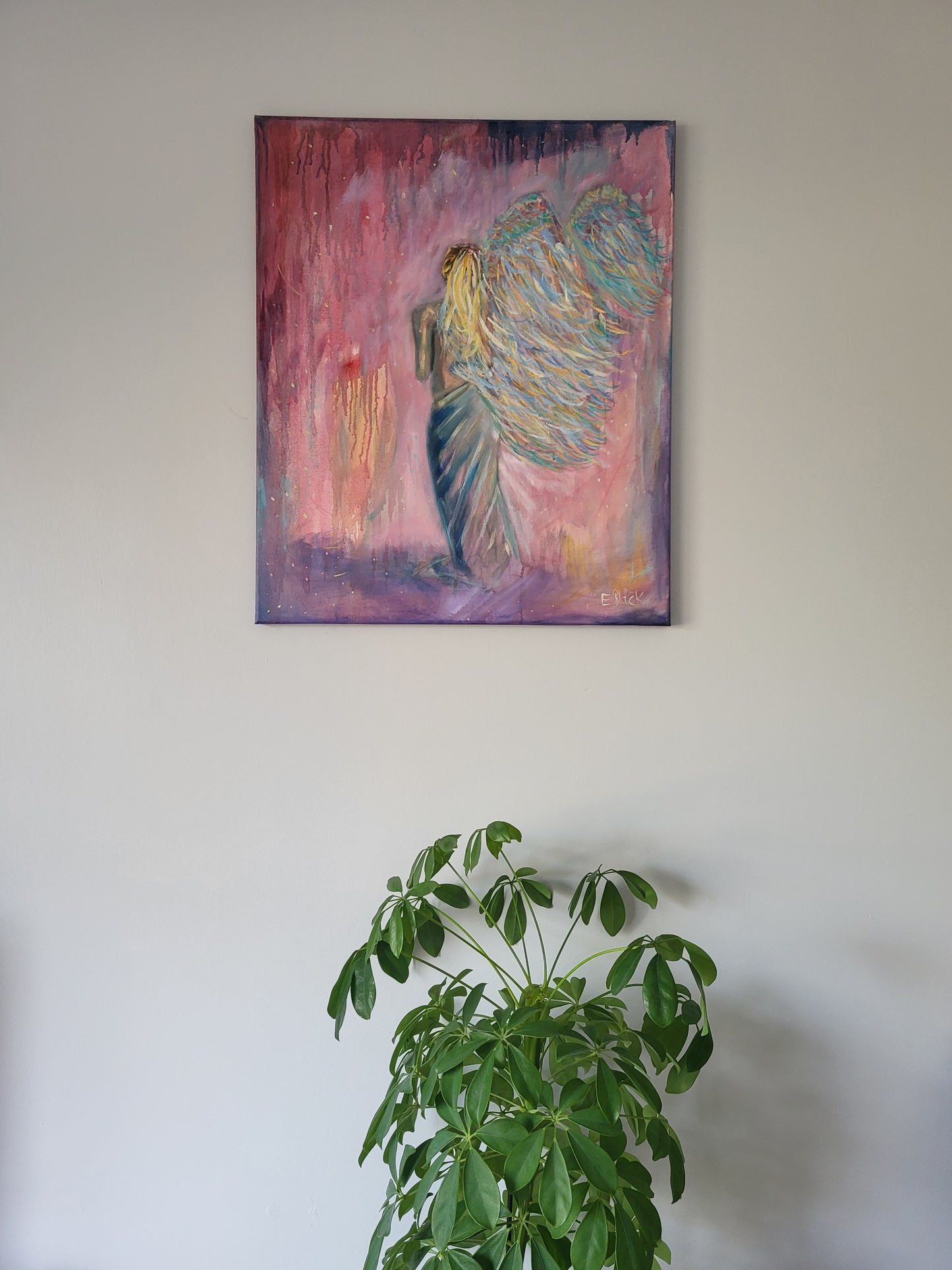 Oil painting of a female figure in robes with colourful angel wings and a plant in the distance.