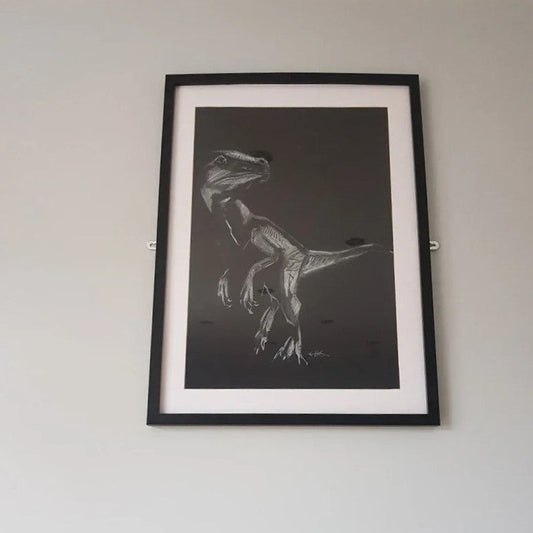 Velociraptor Original Chalk Drawing on 59.4cm x 42cm Black Paper