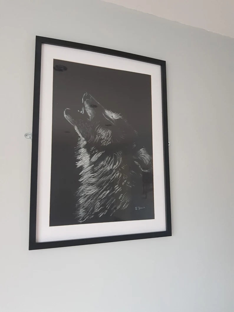 Wolf Original Chalk Drawing on 59.4cm x 42cm Black Paper