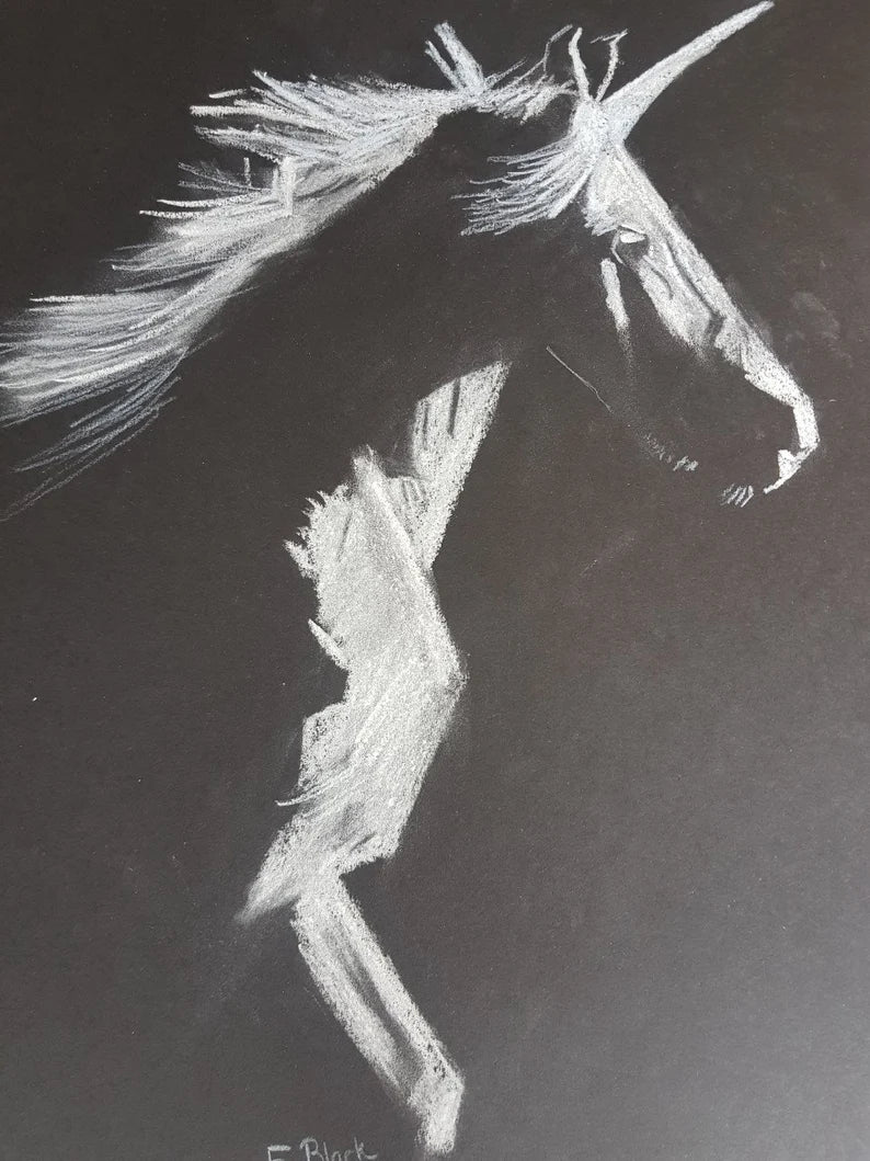 Original Chalk Drawing - Unicorn on 59.4cm x 42cm Black Paper