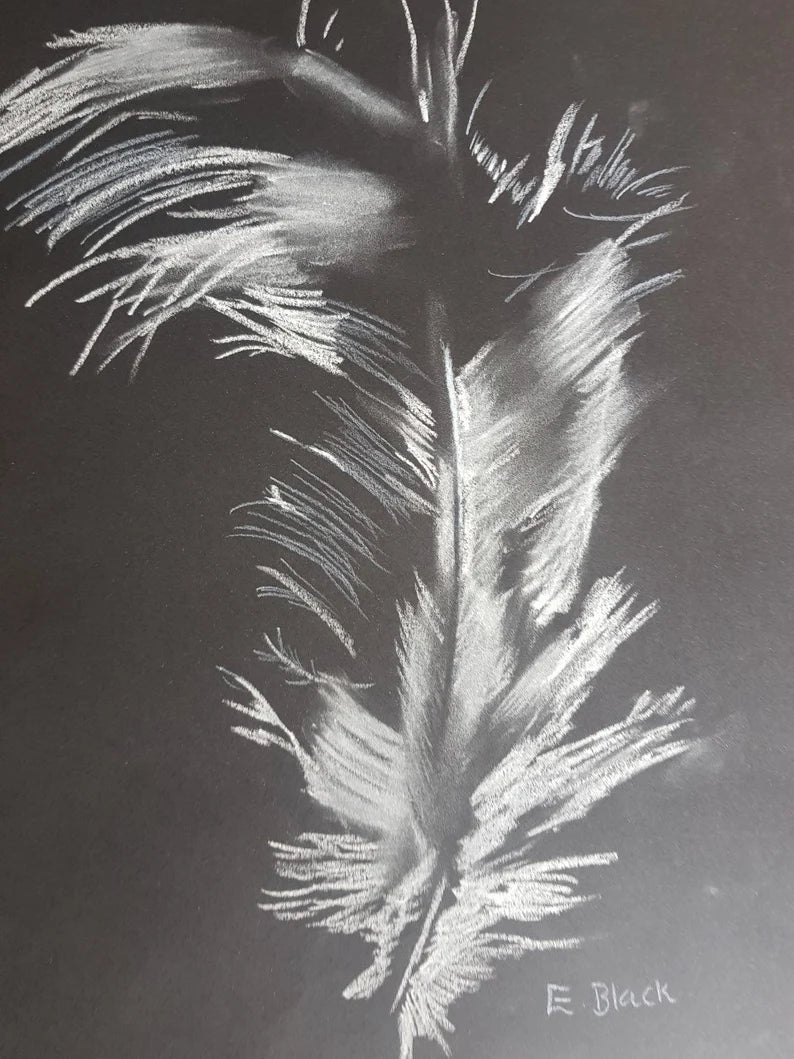 White Feather - Original Chalk Drawing on 59.4cm x 42cm Black Paper