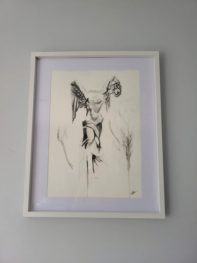 Winged Victory Goddess Original Mixed Media Drawing on 11.7 x 16.5" on Bockingford Paper