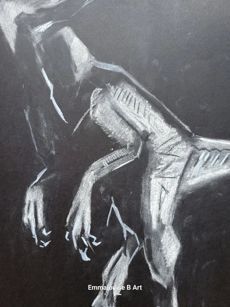 Velociraptor Original Chalk Drawing on 59.4cm x 42cm Black Paper