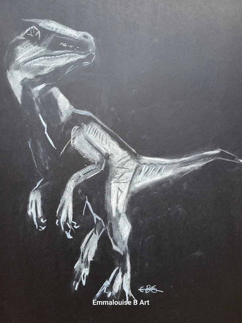 Velociraptor Original Chalk Drawing on 59.4cm x 42cm Black Paper