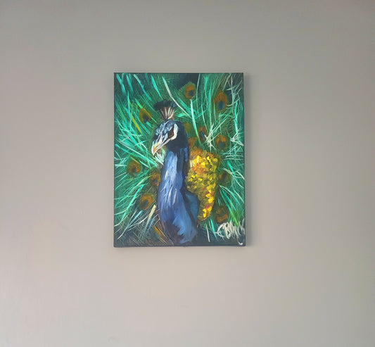 Peacock Oil Painting – Original Contemporary Vibrant Bird Wall Art on Canvas (16" x 12")