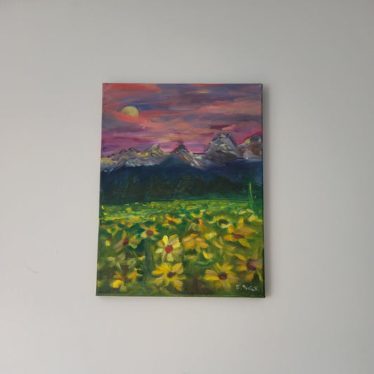 Original oil painting on canvas depicting a landscape with mountains in the background and a field of yellow flowers in the foreground, titled 'Twilight Mountains'.
