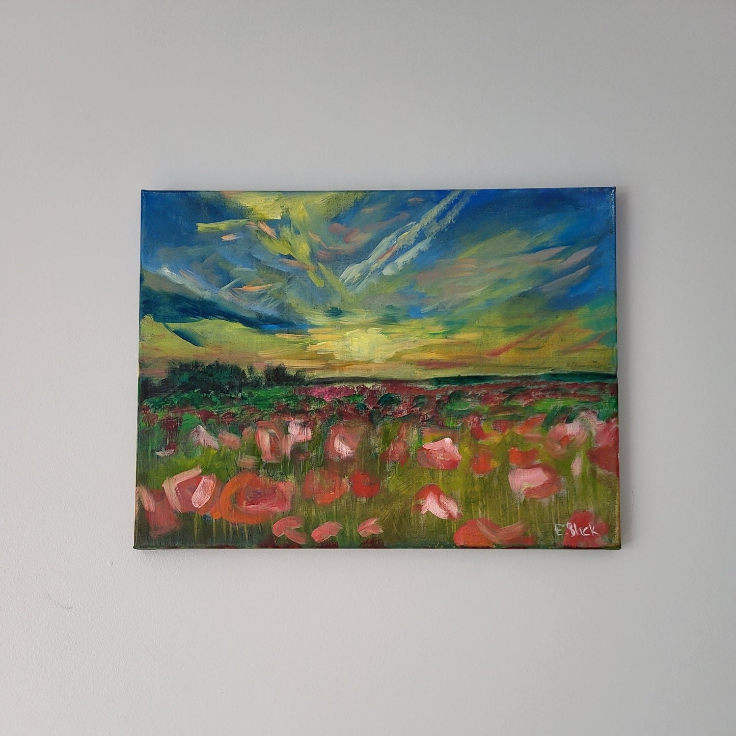 An original oil painting on canvas titled 'Poppy Field', featuring a vibrant landscape with a sunset and poppy flowers.