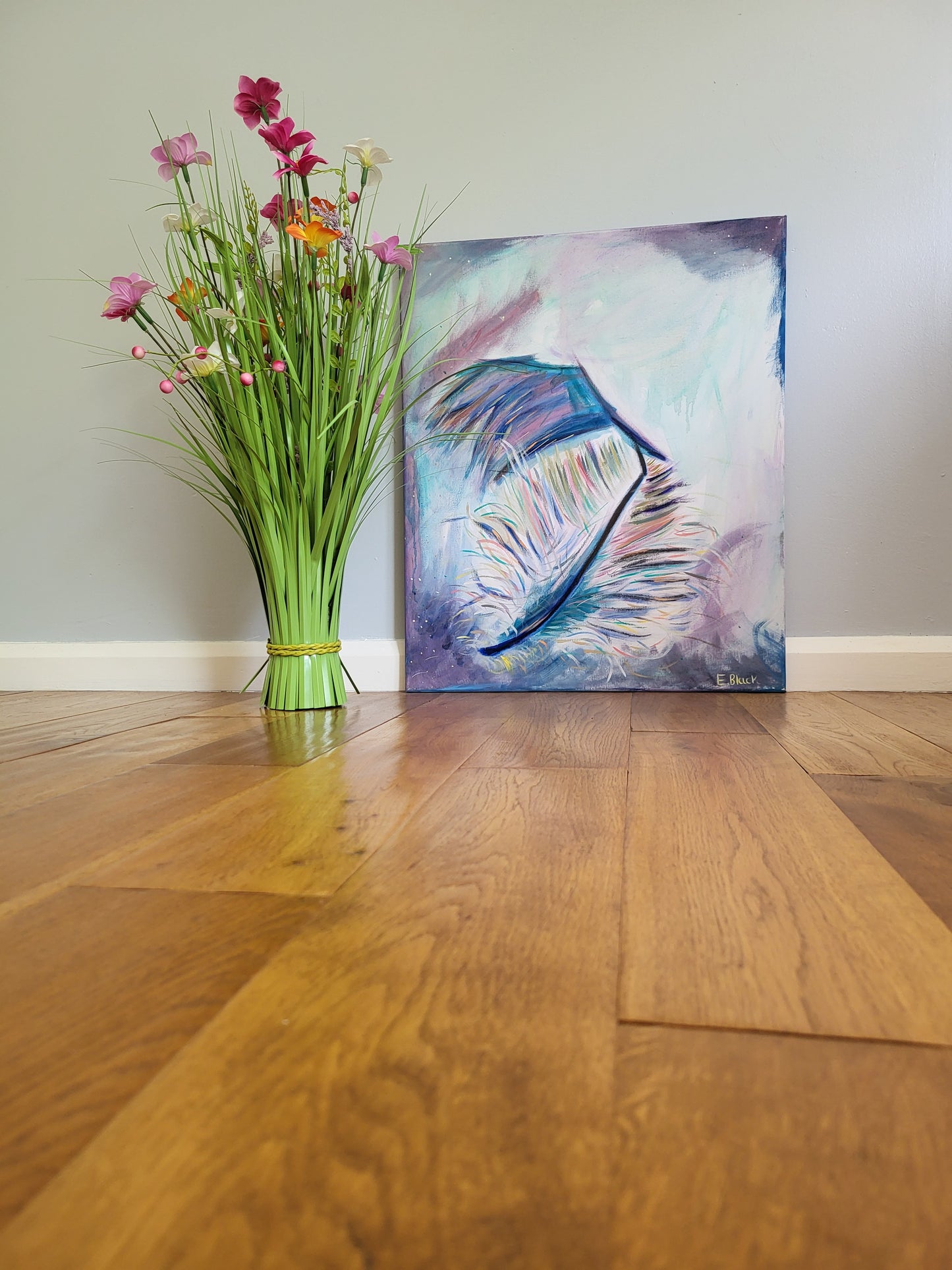 Original Mixed Media - Purple Feather on 50cm x 60cm Canvas