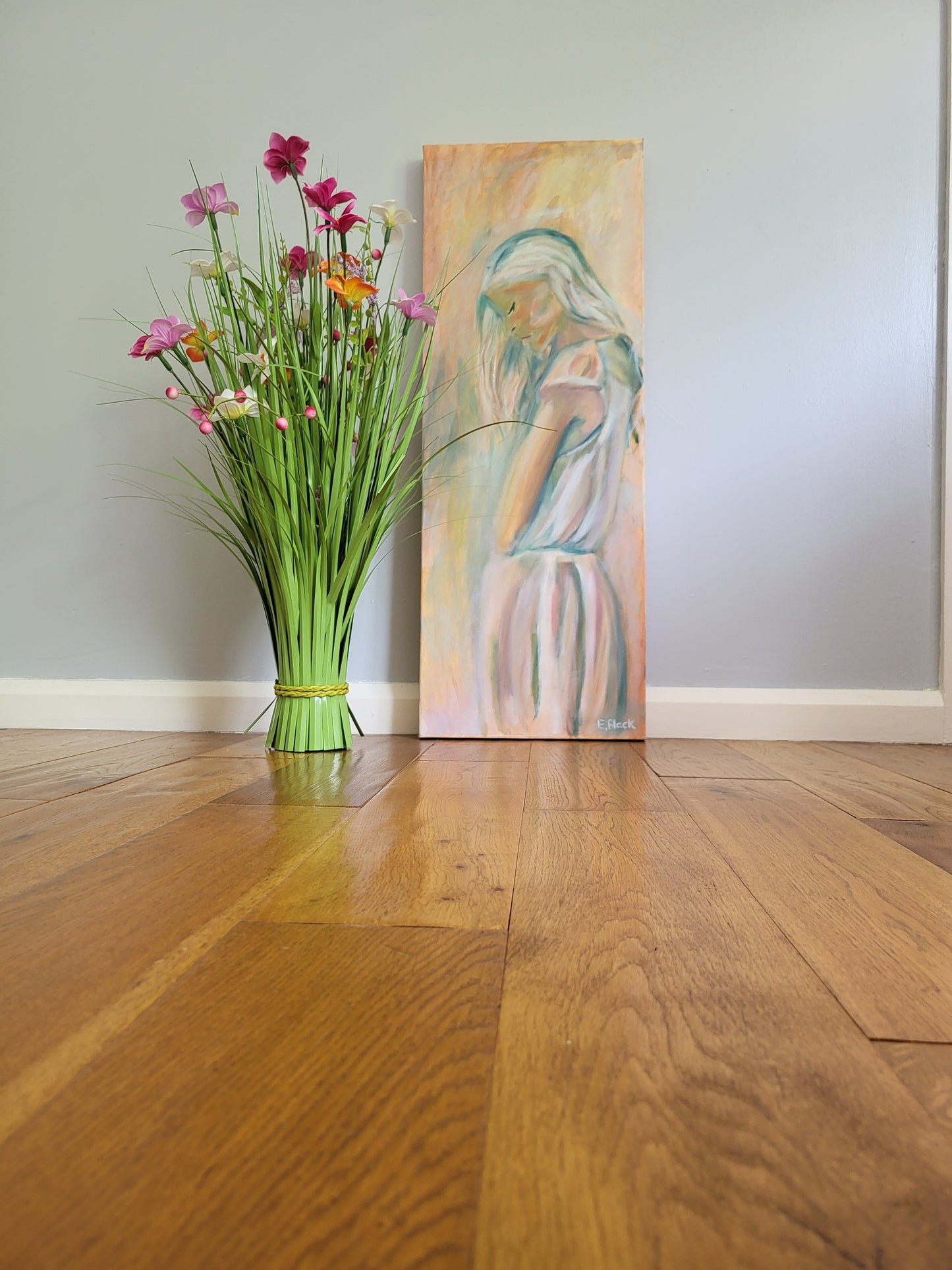 Original Alla Prima Oil Painting – The Lost Soul - Figurative Woman in Soft Pastel Tones on a 30cm x 80cm Canvas