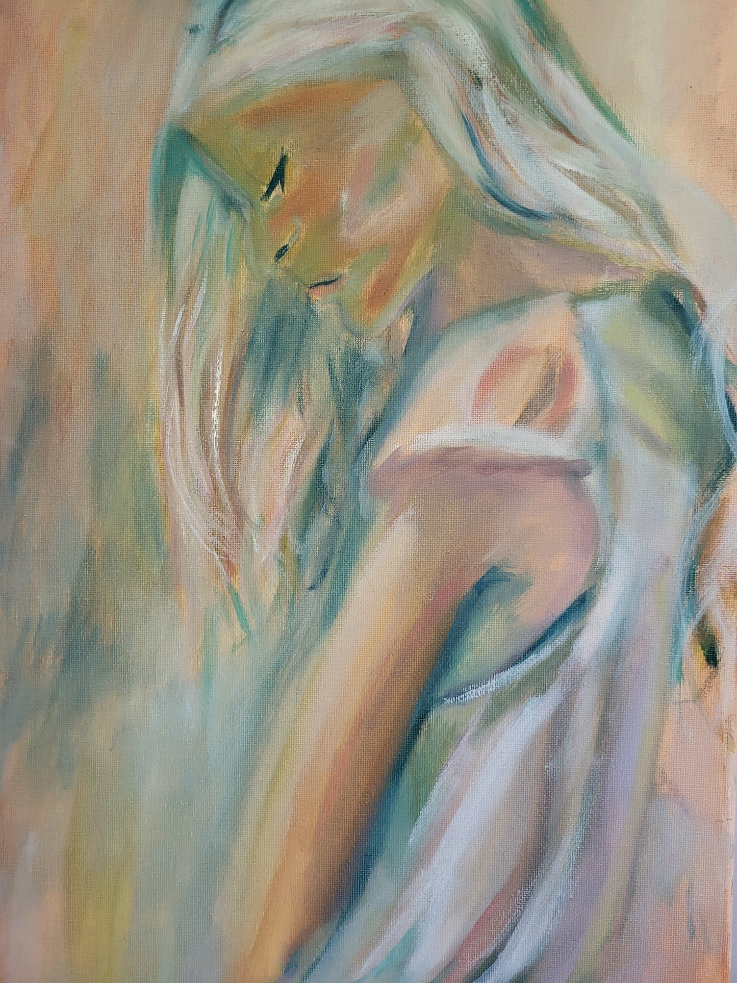 Original Alla Prima Oil Painting – The Lost Soul - Figurative Woman in Soft Pastel Tones on a 30cm x 80cm Canvas