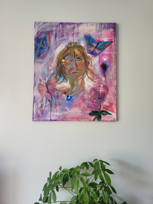Original mixed media painting on canvas depicting an abstract portrait with elements of realism, surrounded by colorful patterns and butterflies.
