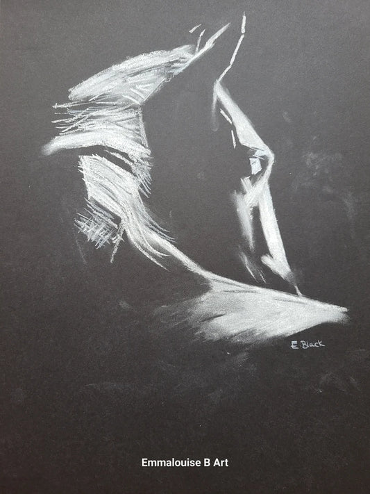 A black and white original drawing of a horse.