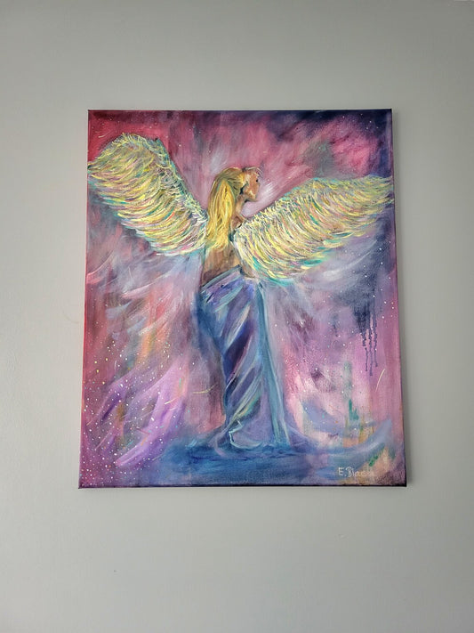 Original oil painting of a whimsical angel on a 50cm x 60cm canvas with a colorful and abstract background.