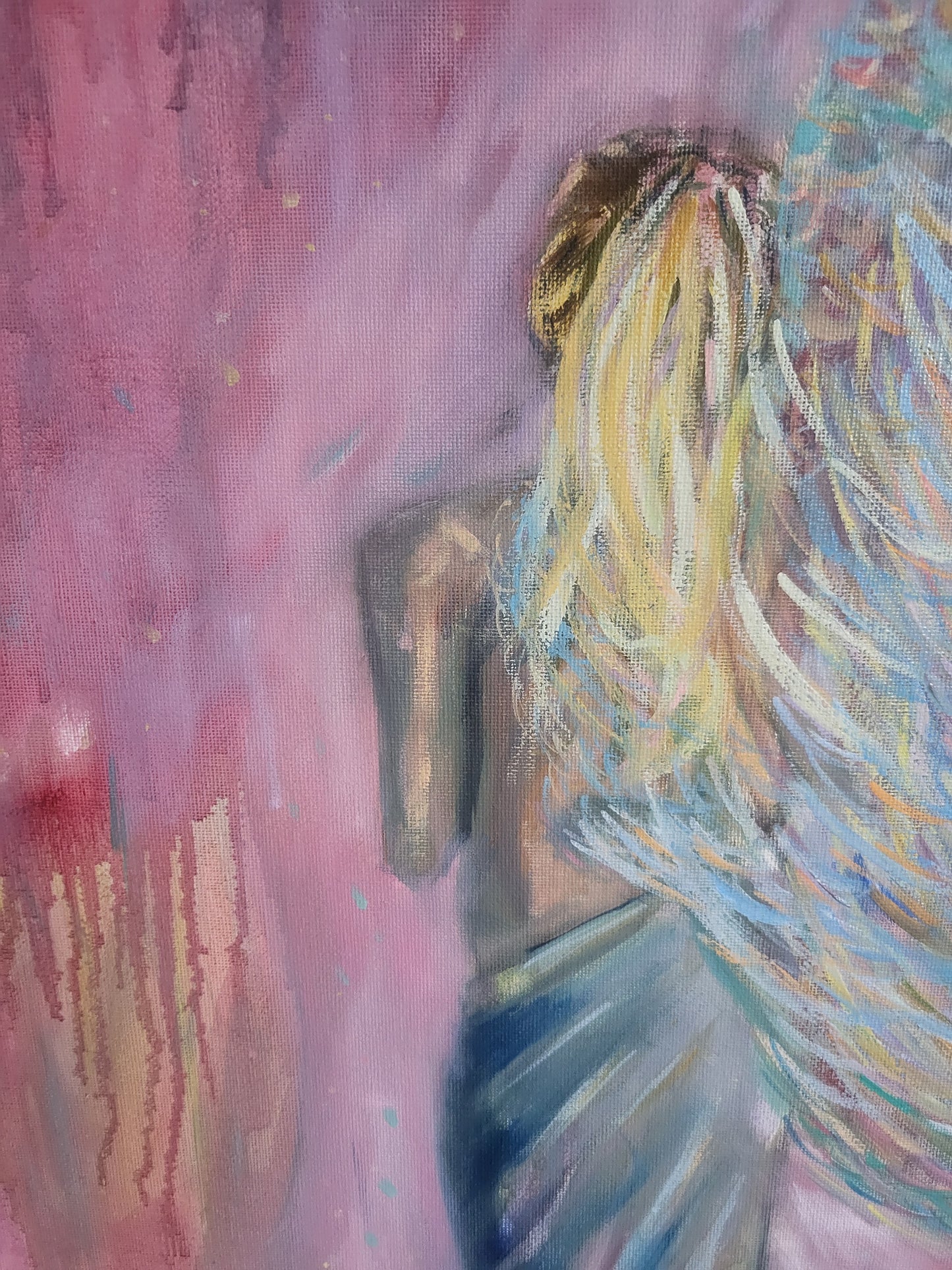Oil painting of a female figure angel with a pink background.