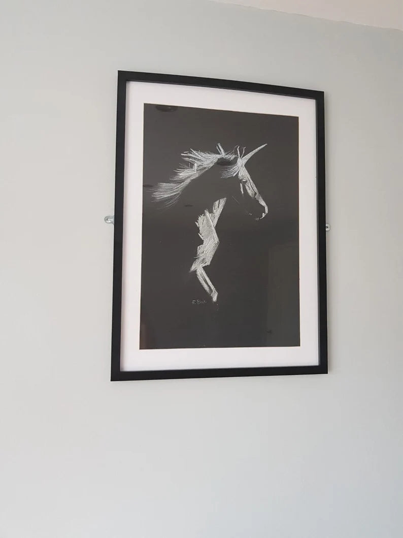 Original Chalk Drawing - Unicorn on 59.4cm x 42cm Black Paper