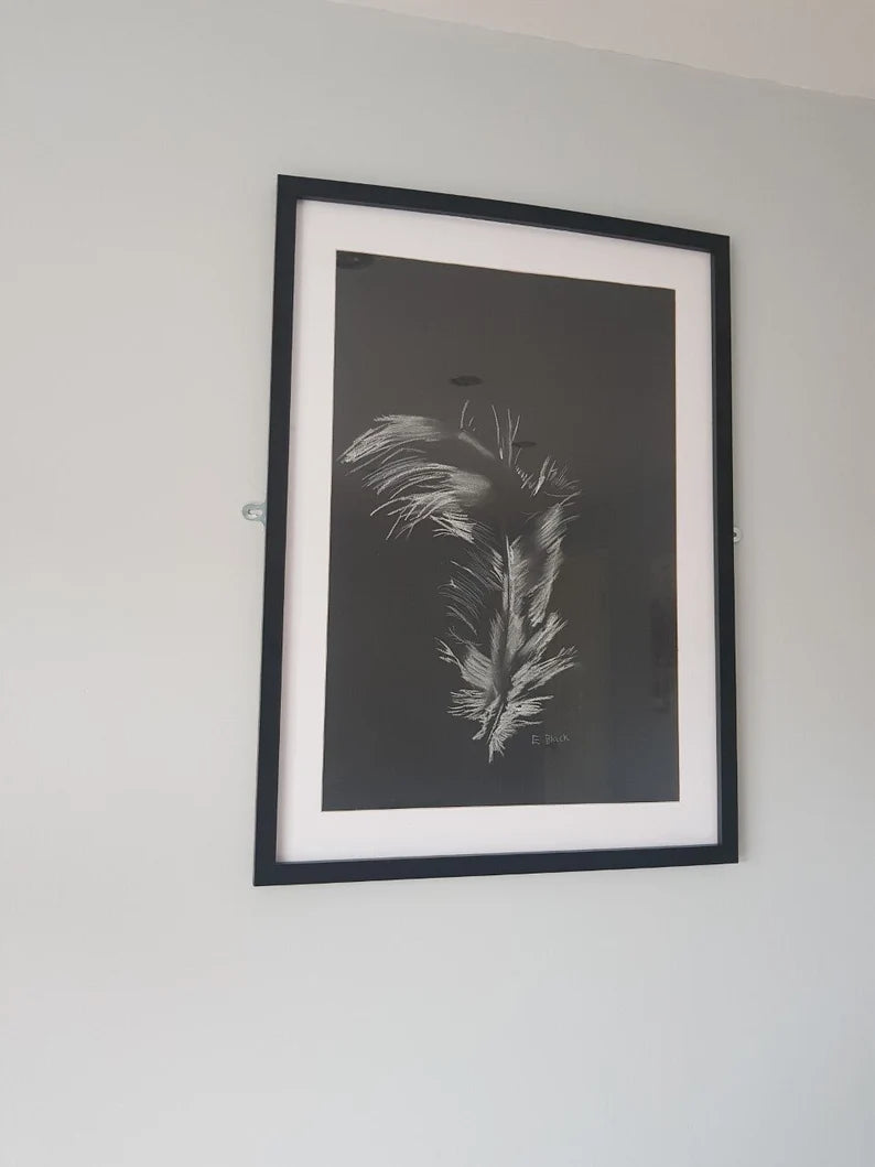 White Feather - Original Chalk Drawing on 59.4cm x 42cm Black Paper